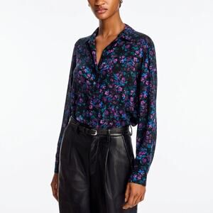 Bella Dahl Button Down Shirt Blouse Floral Long Sleeve Black Purple Teal Size XS